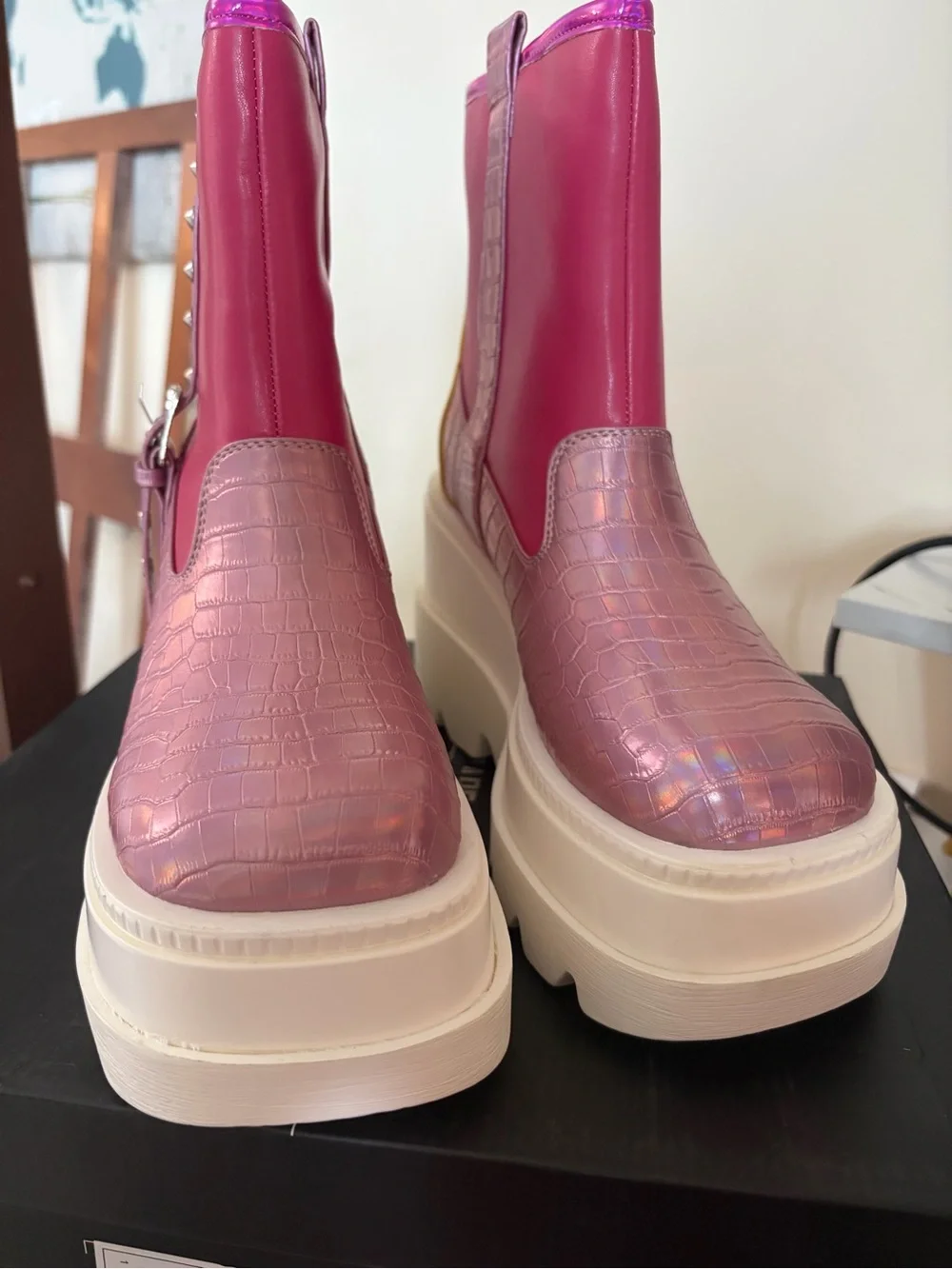 Cape Robbin Pink Iridescent Croc Platform Ankle Boots with Yellow Accent